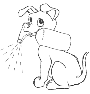 hond met spray fles in zijn mond.