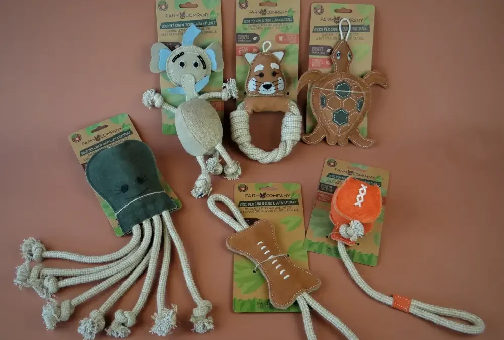 Hondenspeeltje Jute & Leer Olifant, schildpad, panda, bot en bal.