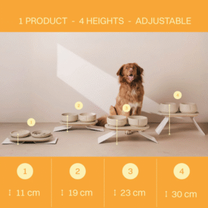 Pino Raised Tray Set met hond en de vier instelbare hoogtes van de voerstandaard (11 cm, 19 cm, 23 cm, 30 cm).