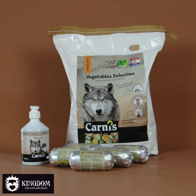 Carnis groente selectie, zalmolie en vleesworsten kip