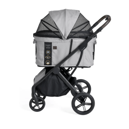 FikaGO Agile 2 petbuggy in Soft Grey kap volledig gesloten met gaas open, zijaanzicht