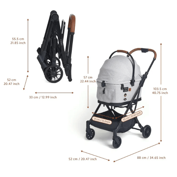 Maatvoering en specificaties FikaGO Flytta Plus petbuggy: open 88x52x103,5 cm, gevouwen 33x52x55,5 cm, cabine 55x31x57 cm