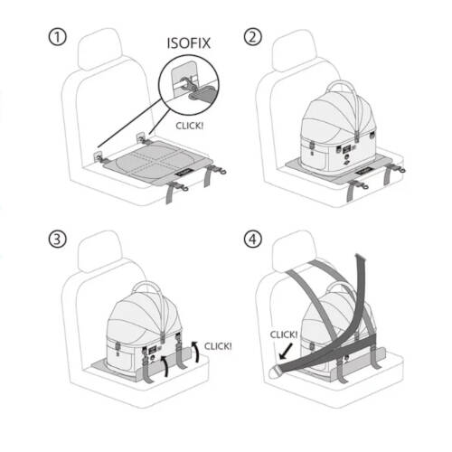 Montagestappen FikaGO autobevestiging, bevestiging via ISOFIX en veiligheidsgordel.